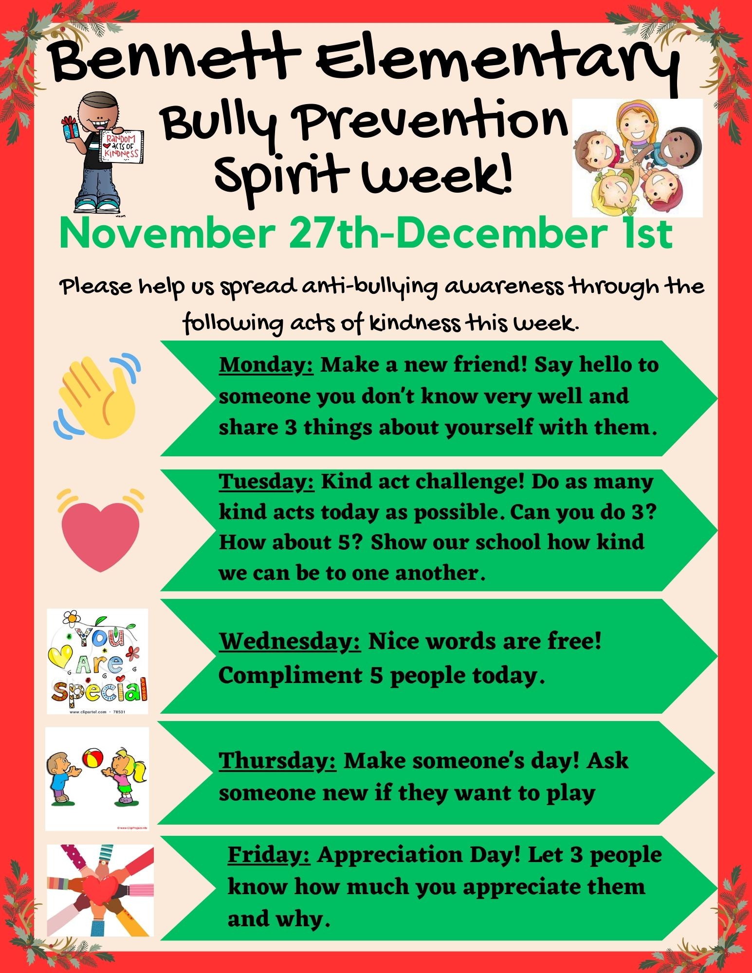 Bennett Elementary Bully Prevention Spirit Week 2023 Flier (text above)