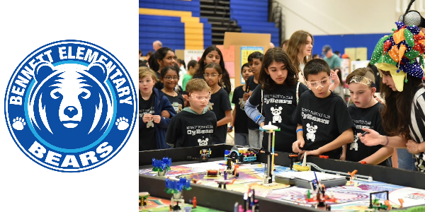 Bennett Bears logo and elementary school students participating in a robotics competition