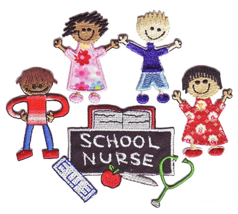 four diverse, cartoon students standing around a sign that reads "school nurse"